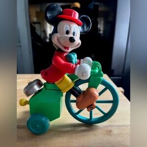 Vintage Mickey Mouse on Bike Wind Up Toy with Working Bell -Rare 7” Plastic